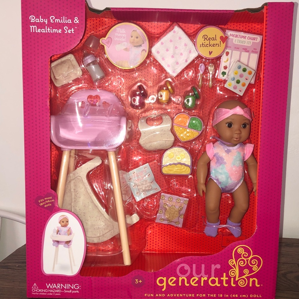 Our generation baby Emilia mealtime set high chair new